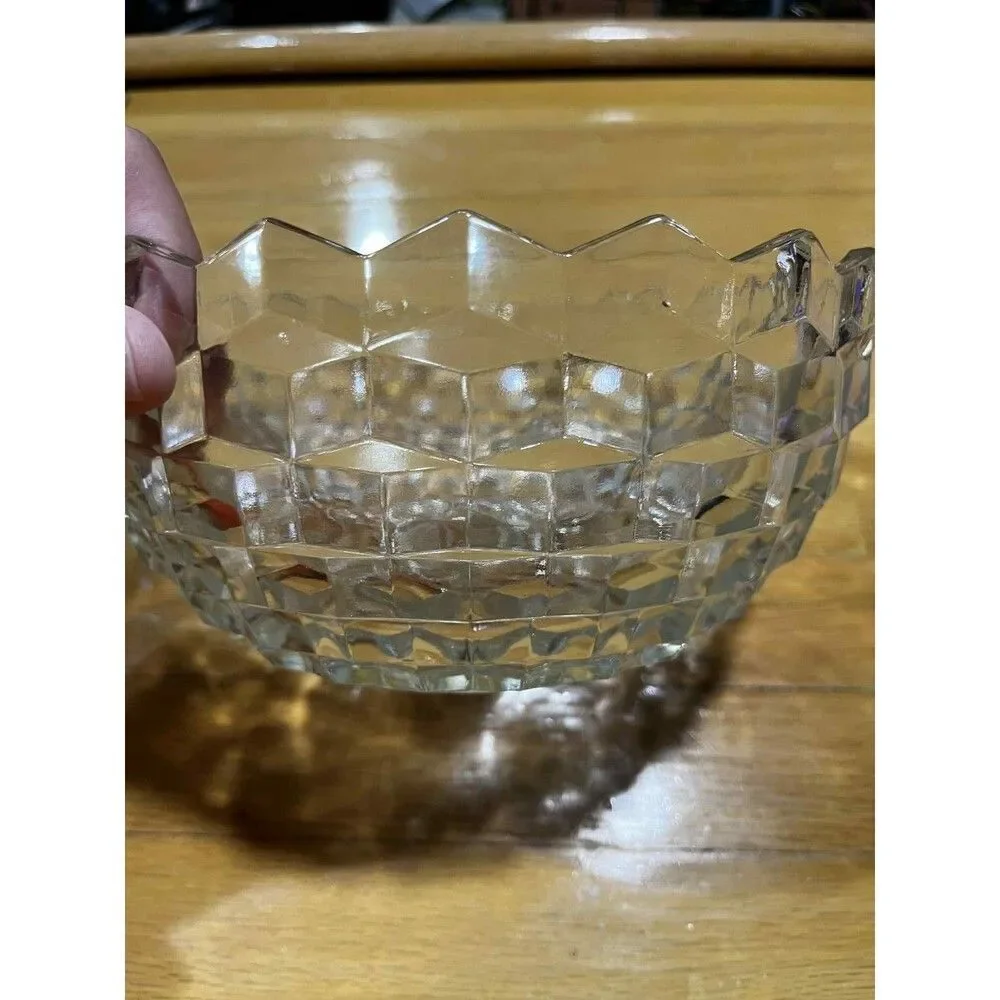 Vintage Pressed Glass Serving Bowl Diamond Block Pattern Starburst Base 9